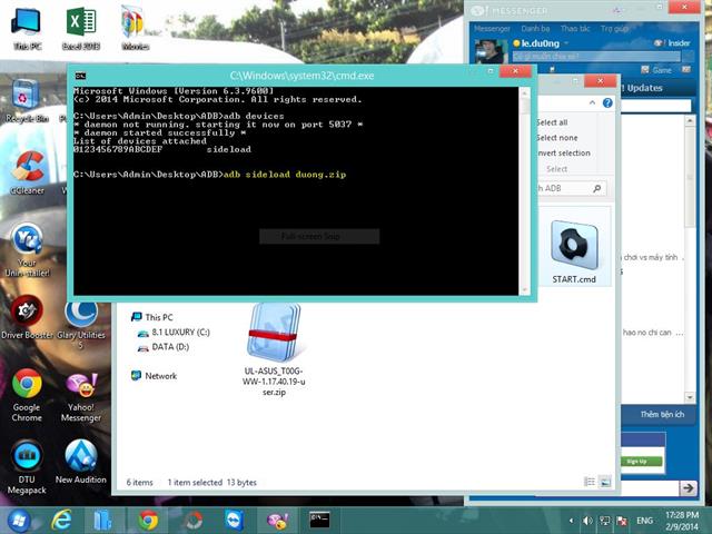 Chạy dòng lệnh adb sideload duong.zip