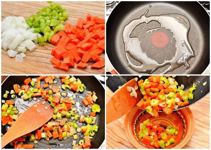 Hành tây, cần tây, cà rốt rửa sạch cắt nhỏ như trong hình, bạn cũng có thể chọn thêm các loại rau củ yêu thích khác cho món hầm.Tiếp đó, bạn đặt chảo lên bếp, thêm dầu và làm nóng ở ngọn lửa vừa. Cho các loại rau củ bạn đã cắt nhỏ vào chảo, xào chín mềm trong khoảng 5 phút, tắt bếp, để riêng. Hành tây, cần tây, cà rốt rửa sạch cắt nhỏ như trong hình, bạn cũng có thể chọn thêm các loại rau củ yêu thích khác cho món hầm.Tiếp đó, bạn đặt chảo lên bếp, thêm dầu và làm nóng ở ngọn lửa vừa. Cho các loại rau củ bạn đã cắt nhỏ vào chảo, xào chín mềm trong khoảng 5 phút, tắt bếp, để riêng.