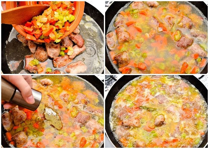 Sau đó, bạn cho thịt và rau củ đã xào trước đó vào chảo, thêm nước vào chảo, đủ ngập hết rau củ và thịt. Sau đó, bạn cho thịt và rau củ đã xào trước đó vào chảo, thêm nước vào chảo, đủ ngập hết rau củ và thịt.