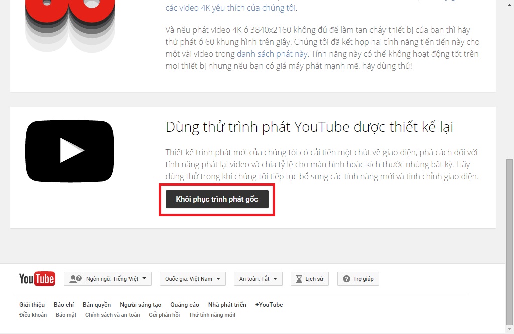 Khôi phục trình phát gốc YouTube nền web