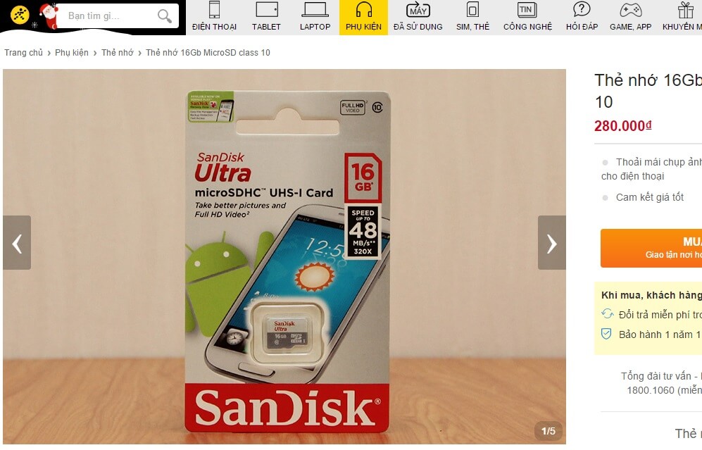 Thẻ nhớ 16GB MicroSD Class 10 có giá bán 280.000 đồng tại Thegioididong Thẻ nhớ 16GB MicroSD Class 10 có giá bán 280.000 đồng tại Thegioididong