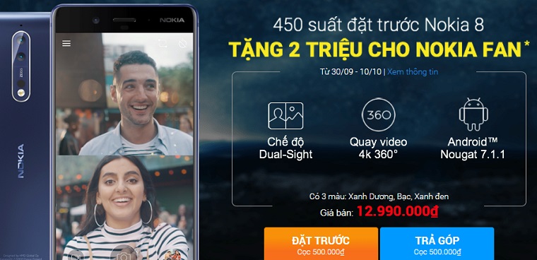 Đặt trước Nokia 8 giảm 2 triệu, camera kép, mạnh như siêu phẩm