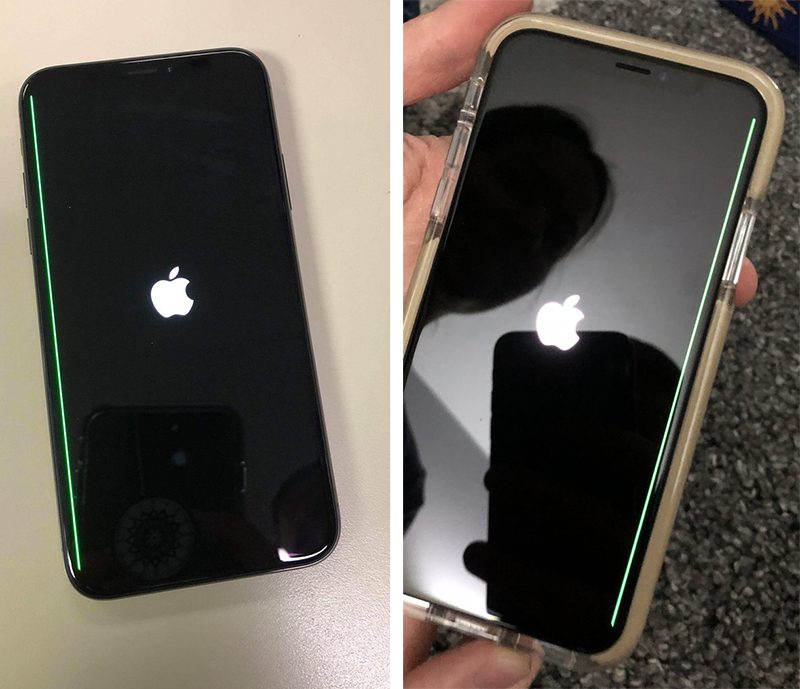 Hình ảnh màn hình iPhone X lỗi sọc xanh lá cây được người dùng Twitter MACinCLE và Nate Heagy‏ cung cấp