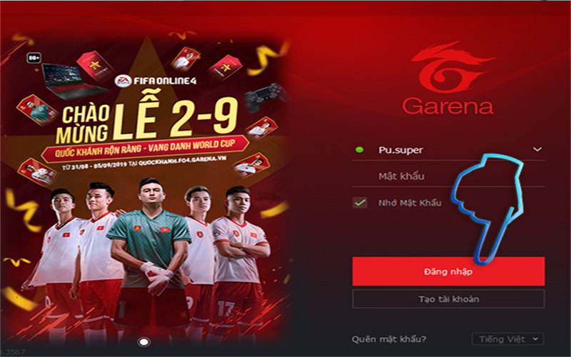 Bước 1: Đăng nhập bằng tài khoản Garena hoặc đăng ký nếu chưa có.