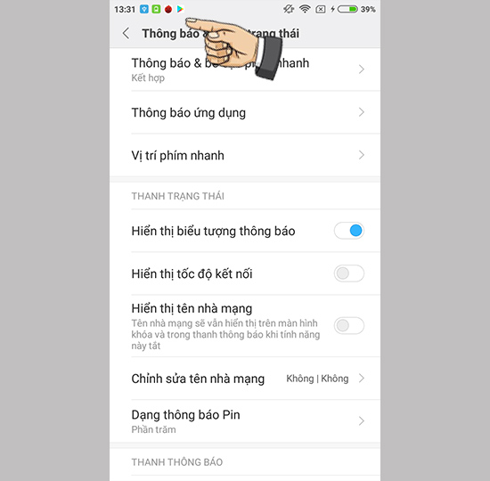Các biểu tượng đã hiện thông báo