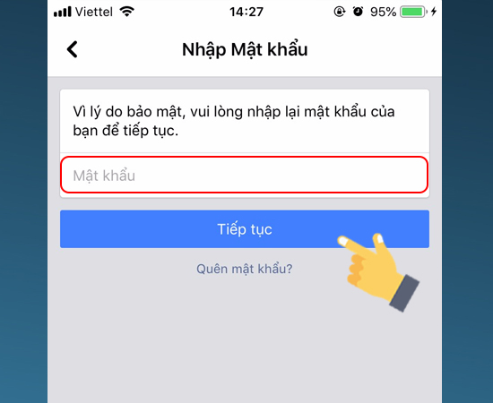 Bước 6: Bạn nhập Mật khẩu Facebook mình > Tiếp tục.