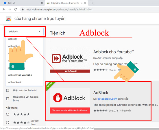 Tại phần tìm kiếm bạn hãy gõ từ khóa Adblock và chọn phần cài đặt như trong hình, bạn hãy chọn vào phần Thêm vào Chrome để chương trình được cài đặt vào Web.