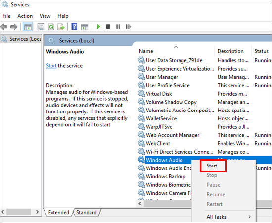 Kích chuột phải vào Windows Audio chọn Start để khởi động lại Audio Services