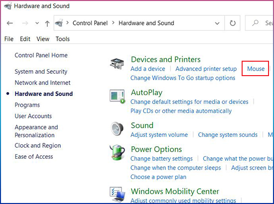 Tại mục Devices and Printers, bạn hãy chọn Mouse
