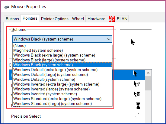 Bạn chọn biểu tượng con trỏ chuột có sẵn của Windows ở phần Scheme