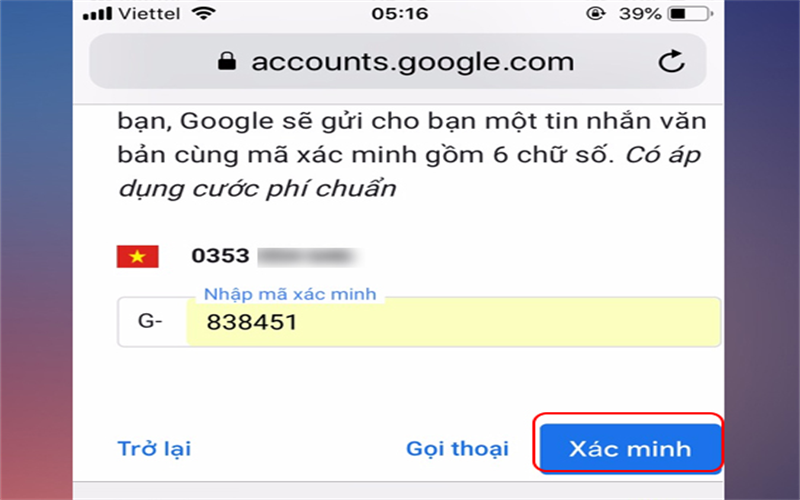 Bước 5: Nhập mã xác minh > Xác minh.