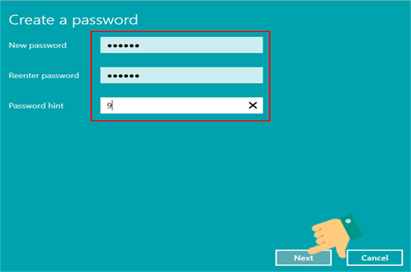 Bước 4: Nhập mật khẩu mới của bạn:  - Nhập mật khẩu mới vào ô New password.  - Xác nhận lại mật khẩu vào ô Reenter password.  - Nhập gợi nhớ cho mật khẩu của bạn vào ô Password hint (không được trùng với mật khẩu)  Sau đó nhấn Next để tiếp tục