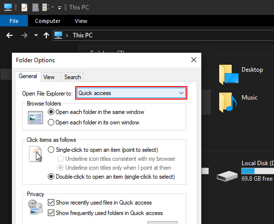 Bước 3: Tại cửa sổ Folder Options, chọn dòng Quick Access.