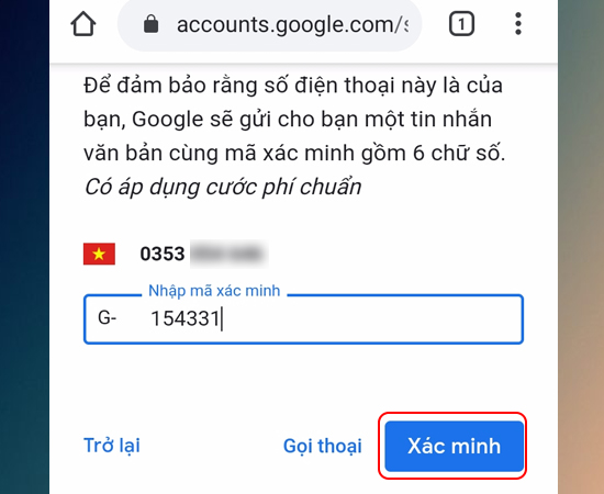 Nhập mã xác minh