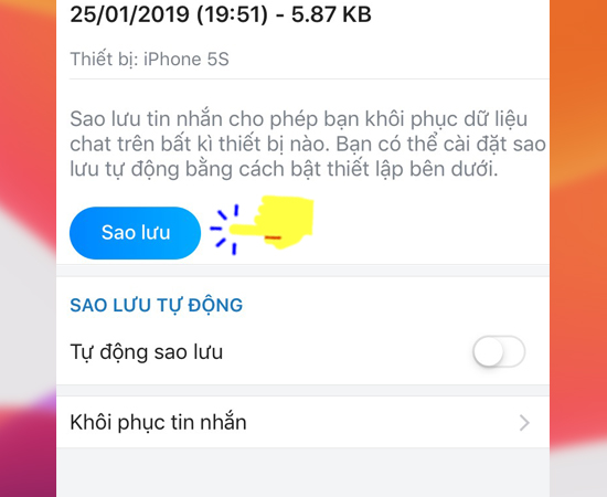 Bước 4: Chọn Sao lưu để lưu lại tin nhắn với bạn bè trên hệ thống của Zalo.